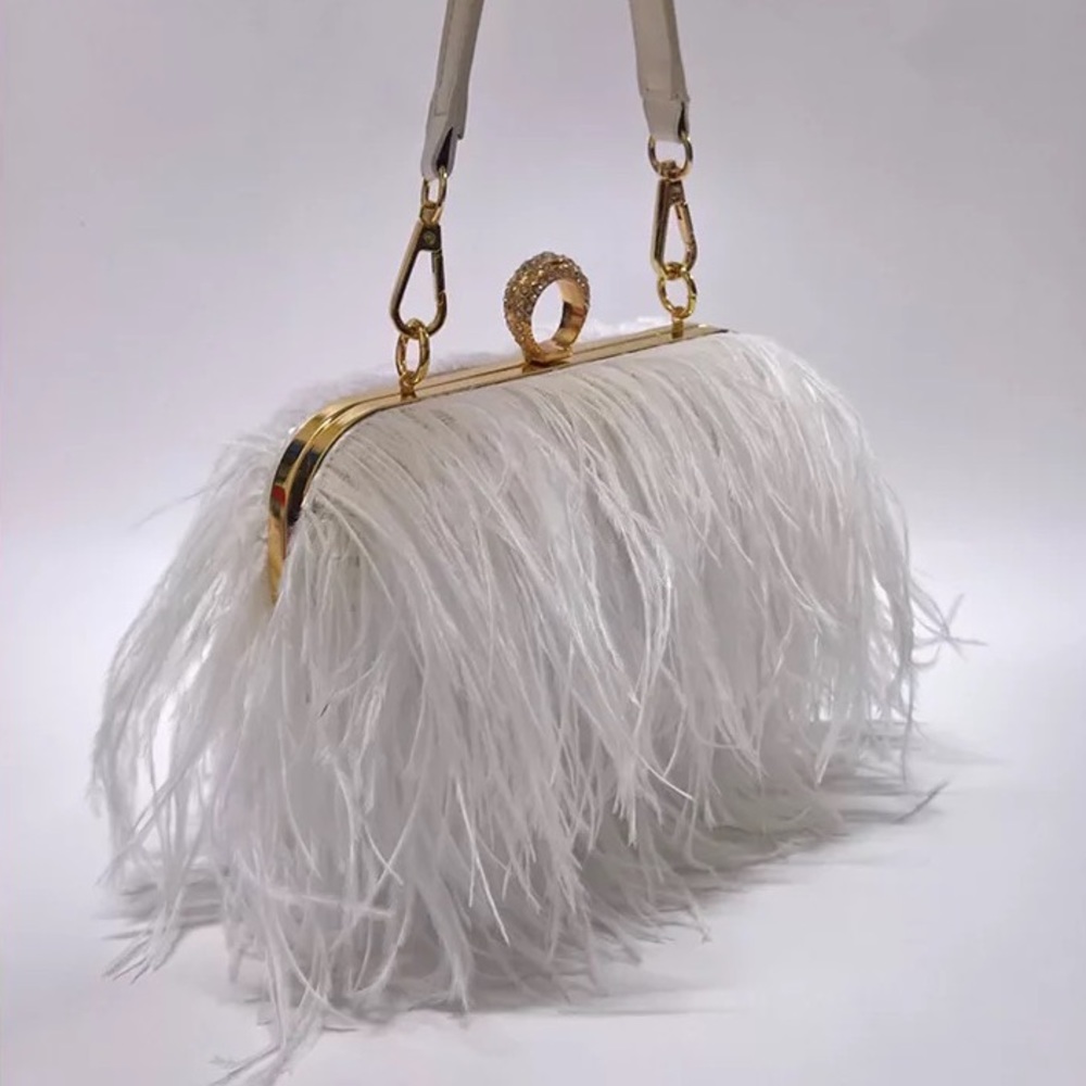 🌸 OSTRICH PURSE FEATHER HARD CLUTCH BAG BOHO CHIC DESIGNER ELITE HANDLE CHAIN - Picture 2 of 12